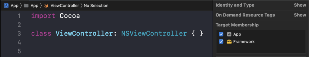 Screenshot from Xcode. On the left we see the editor. The file ViewController.swift contains a class ViewController. On the right we see the File Inspector. Enabled checkboxes for each target show that this file is part of the target App and the target Framework. 
