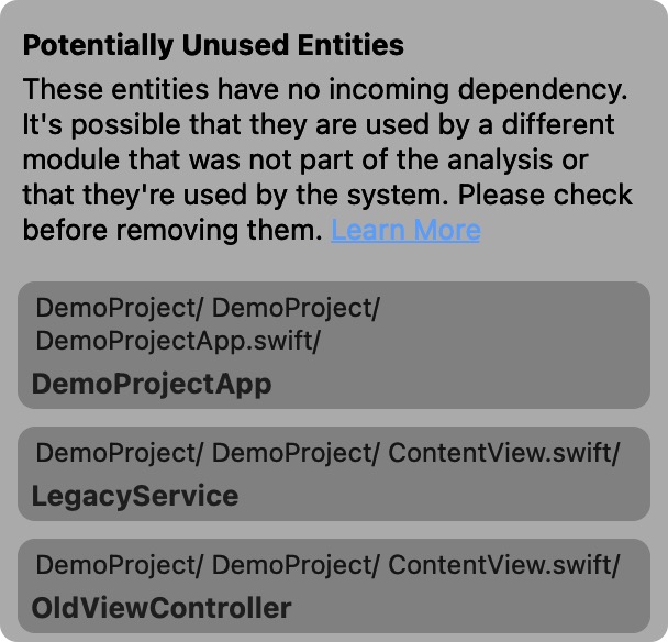 A screenshot from Swiftalyzer showing a list of entity names that have no incoming dependency and thus are probably unused. The list names the entities DemoProjectApp, LegacyService and OldViewController.