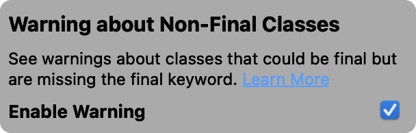 A checkbox allows to enable or disable warnings about non-final classes in the dependency graph. The checkbox is enabled.