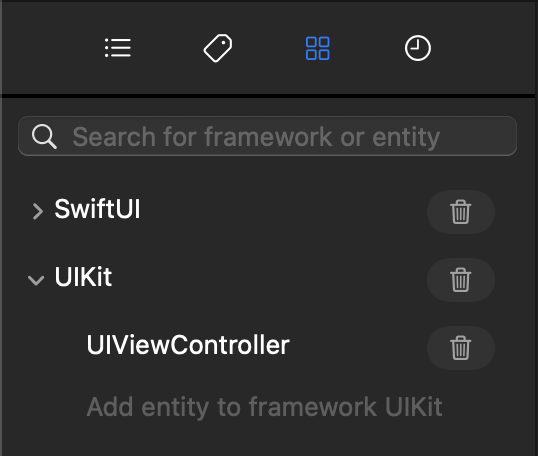 A screenshot of Swiftalyzer with the 4 tabs of the navigation panel. The third one is selected. A list of frameworks and their entities can be seen.