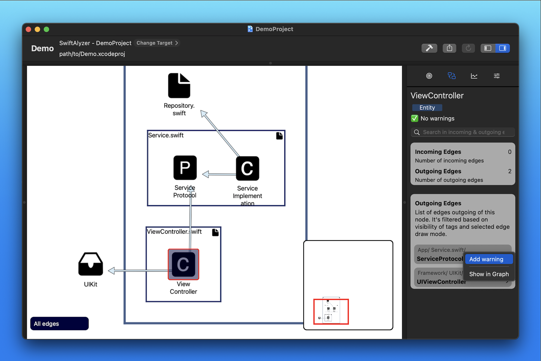 Screenshot of Sw!ftalyzer. The node ViewController is selected in the graph. The second tab of the information panel shows a list of outgoing edges from ViewController. One of the edges goes to ServiceProtocol. A context menu is shown above this element in the list with the option to add a warning highlighted.